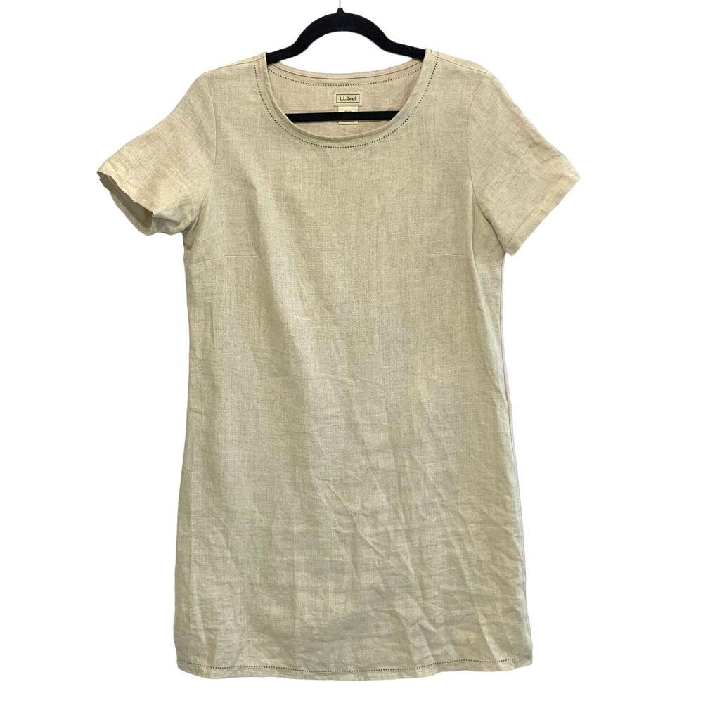 L.L. Bean 100% Linen Short Sleeve Knee Length Dress Women's 4P Beige Minimalist